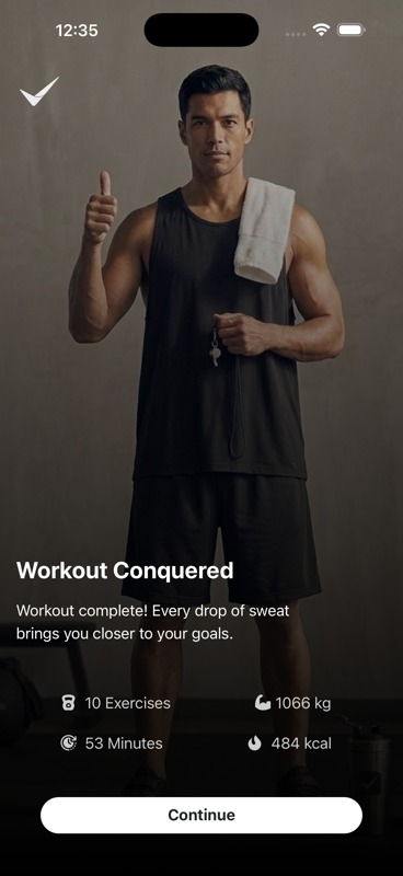 LYAAQA app Workout Conquered summary screen with exercises, volume, time and calories